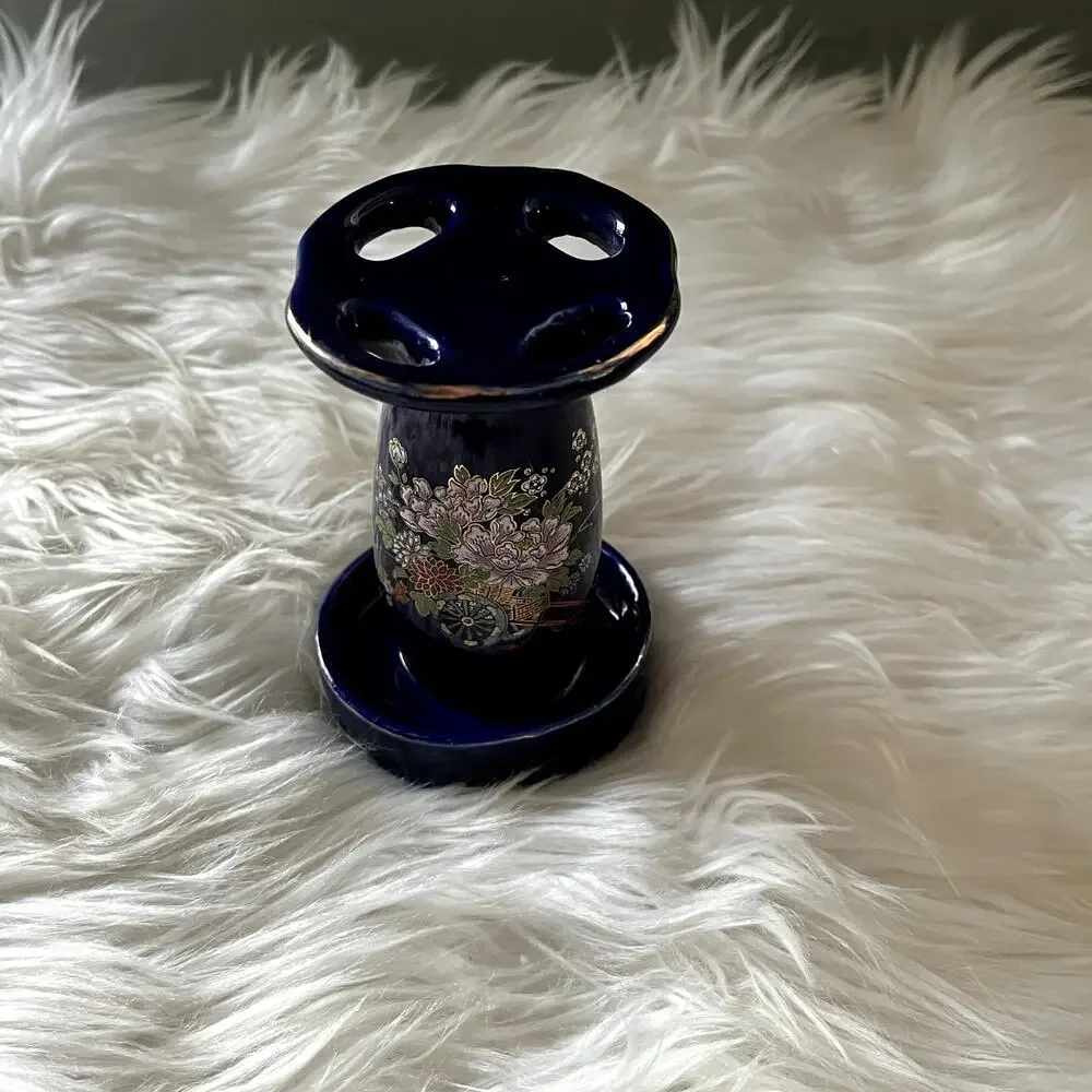 Vintage Kutani Japanese porcelain cobalt blue cloisonne toothbrush holder
